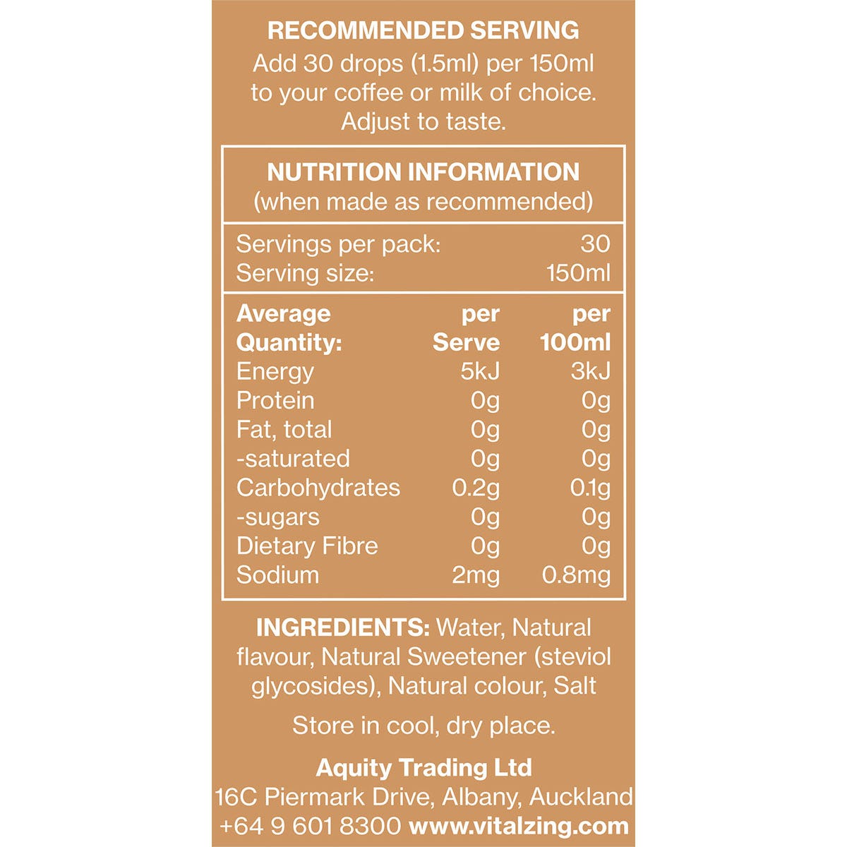 Back of Vital Zing Caramel Cafe Drops 40ml bottle showing nutrition information panel and ingredients.