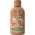 40ml bottle of Vital Zing Hazelnut Café Drops featuring a brown label with hazelnut and coffee bean illustrations.