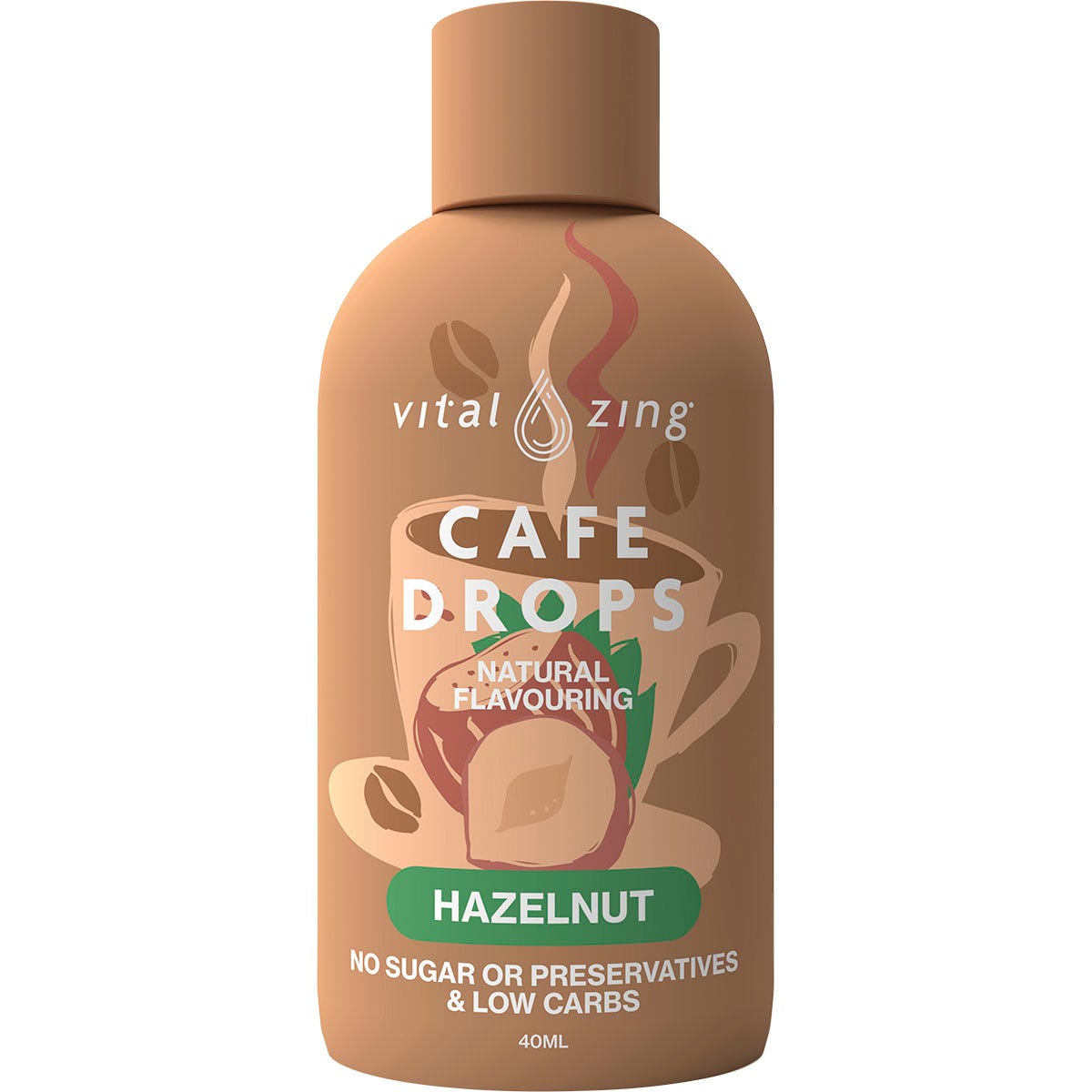 40ml bottle of Vital Zing Hazelnut Café Drops featuring a brown label with hazelnut and coffee bean illustrations.