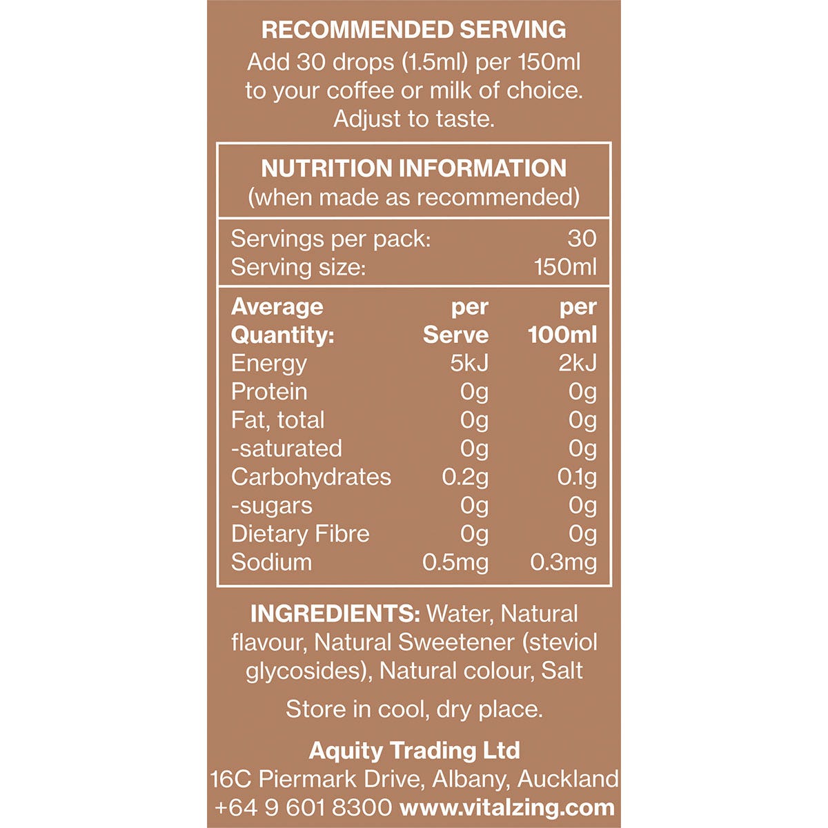Back of Vital Zing Hazelnut Cafe Drops bottle with nutrition facts, ingredients, and usage instructions.