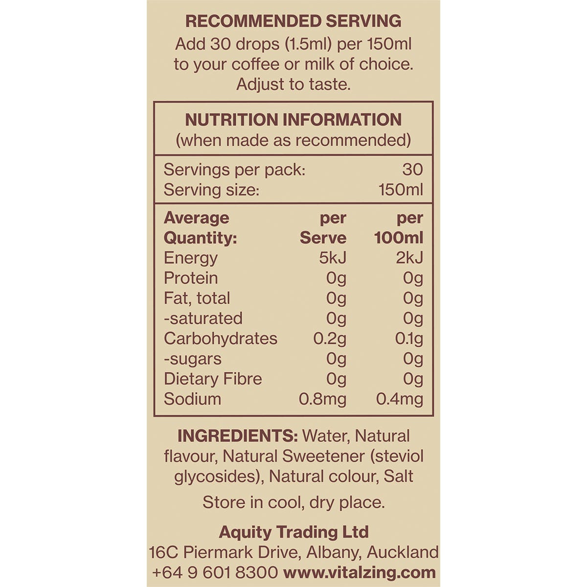 Nutrition information panel for Vital Zing Vanilla Cafe Drops 40ml showing ingredients and serving size.