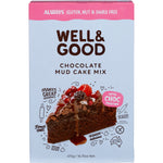 Well and Good Chocolate Mud Cake Mix 475g box with chocolate frosting, gluten-free and nut-free.