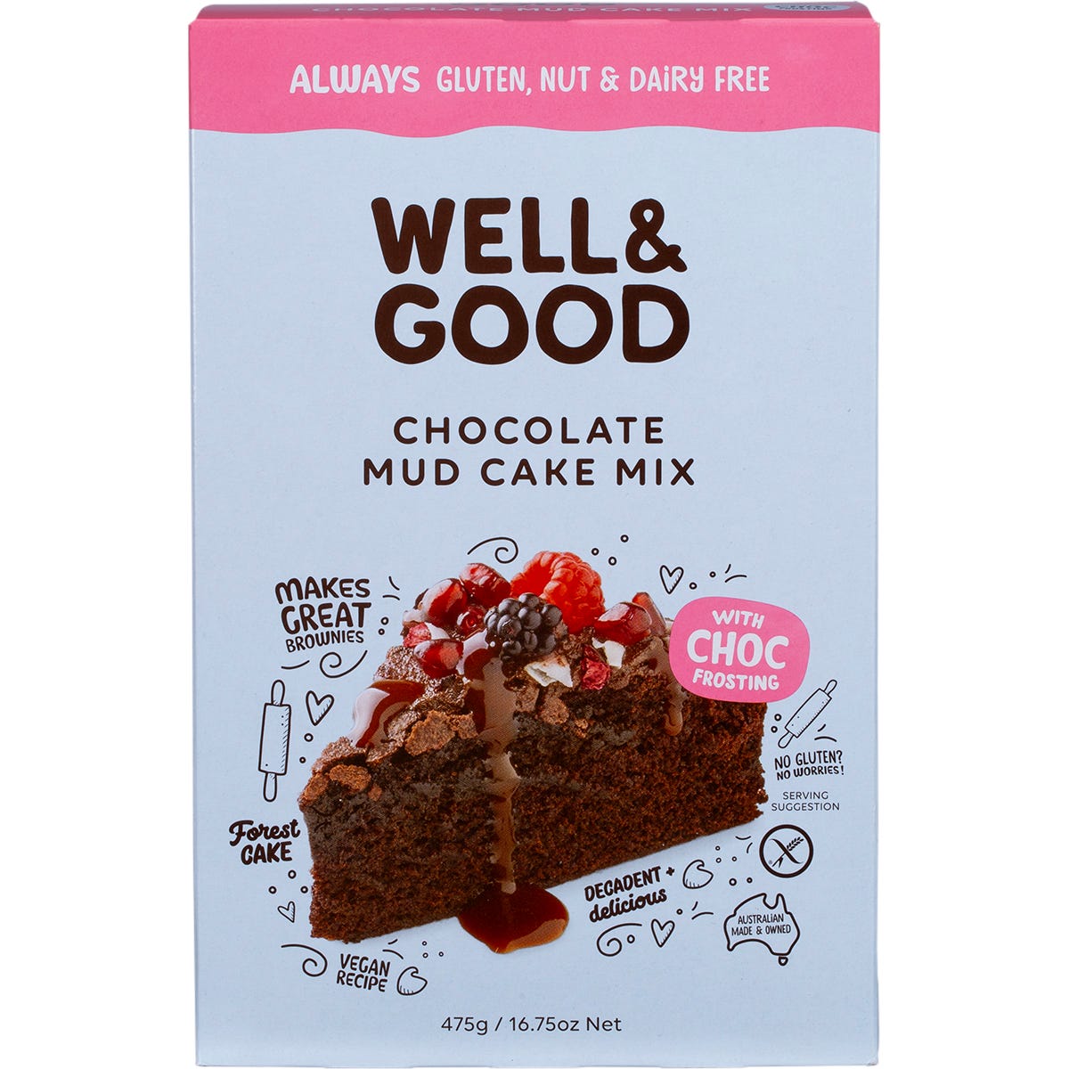 Well and Good Chocolate Mud Cake Mix 475g box with chocolate frosting, gluten-free and nut-free.