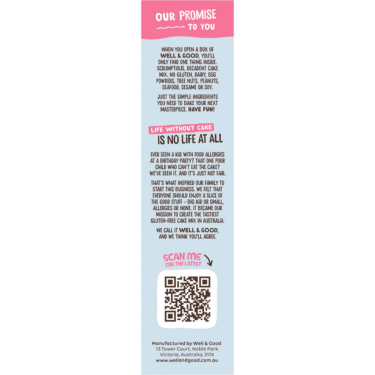 Side view of Well and Good Chocolate Mud Cake Mix box highlighting gluten-free, nut-free, and dairy-free features.