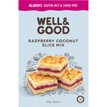 Well & Good 370g Raspberry Coconut Slice Mix box with a slice photo and dietary icons on a white background.