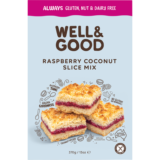 Well & Good 370g Raspberry Coconut Slice Mix box with a slice photo and dietary icons on a white background.