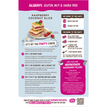 Back of Well & Good 370g Raspberry Coconut Slice Mix box with nutrition facts and ingredients on a white background.