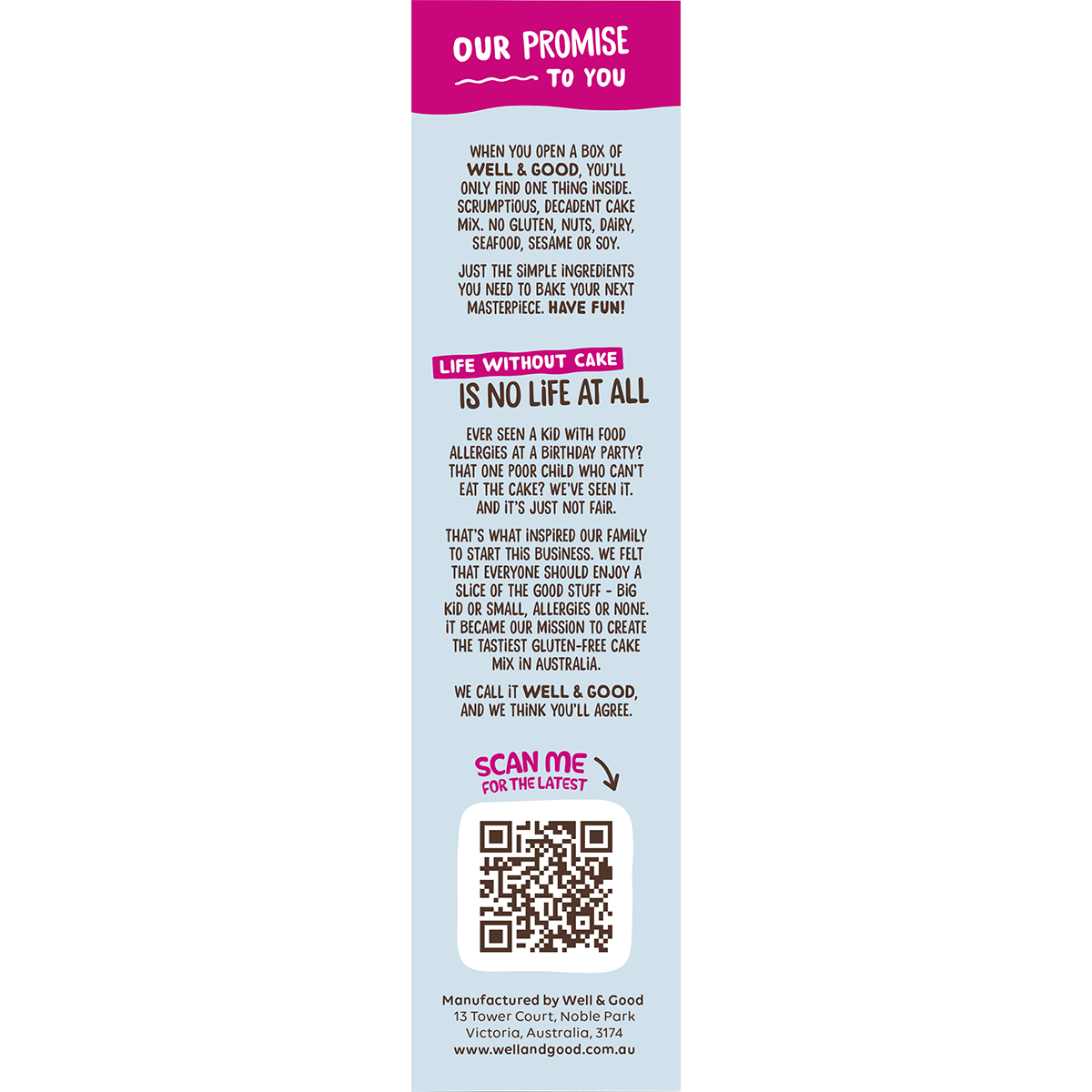 Left side of Well & Good 370g Raspberry Coconut Slice Mix box showing instructions on a white background.