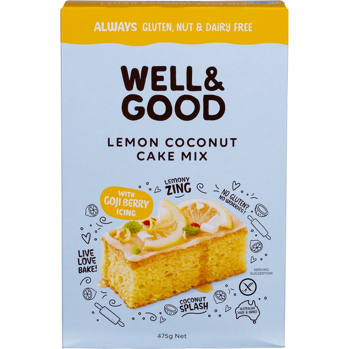 Well and Good Lemon Coconut Cake Mix 475g box with goji berry icing, gluten-free and nut-free.