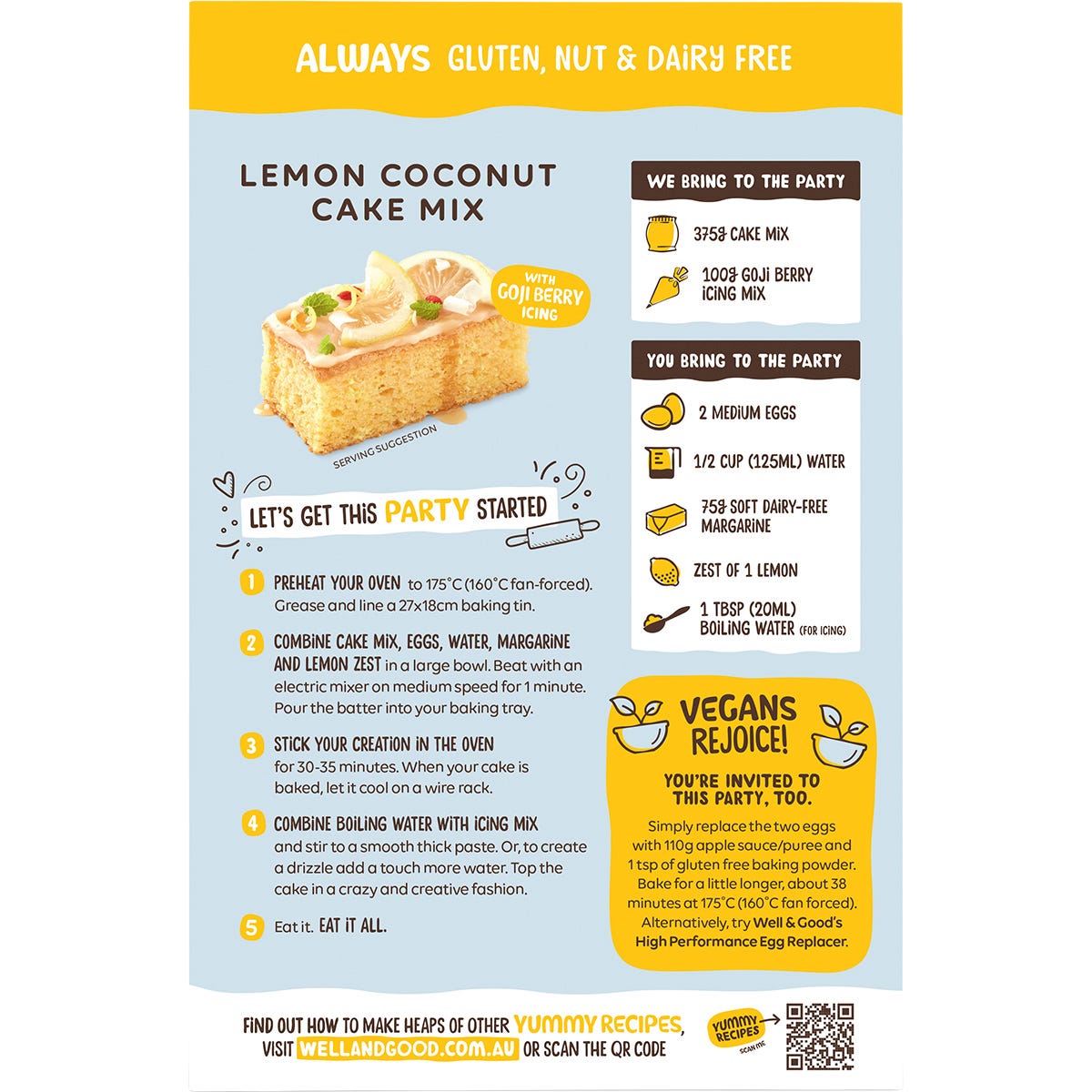 Back of Well & Good Lemon Coconut Cake Mix box with ingredients, nutrition facts, and baking instructions.