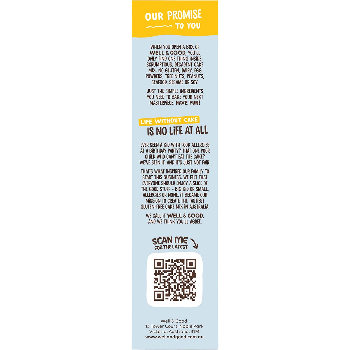 Side view of Well & Good Lemon Coconut Cake Mix box showing gluten-free and nut-free logos on a white background.