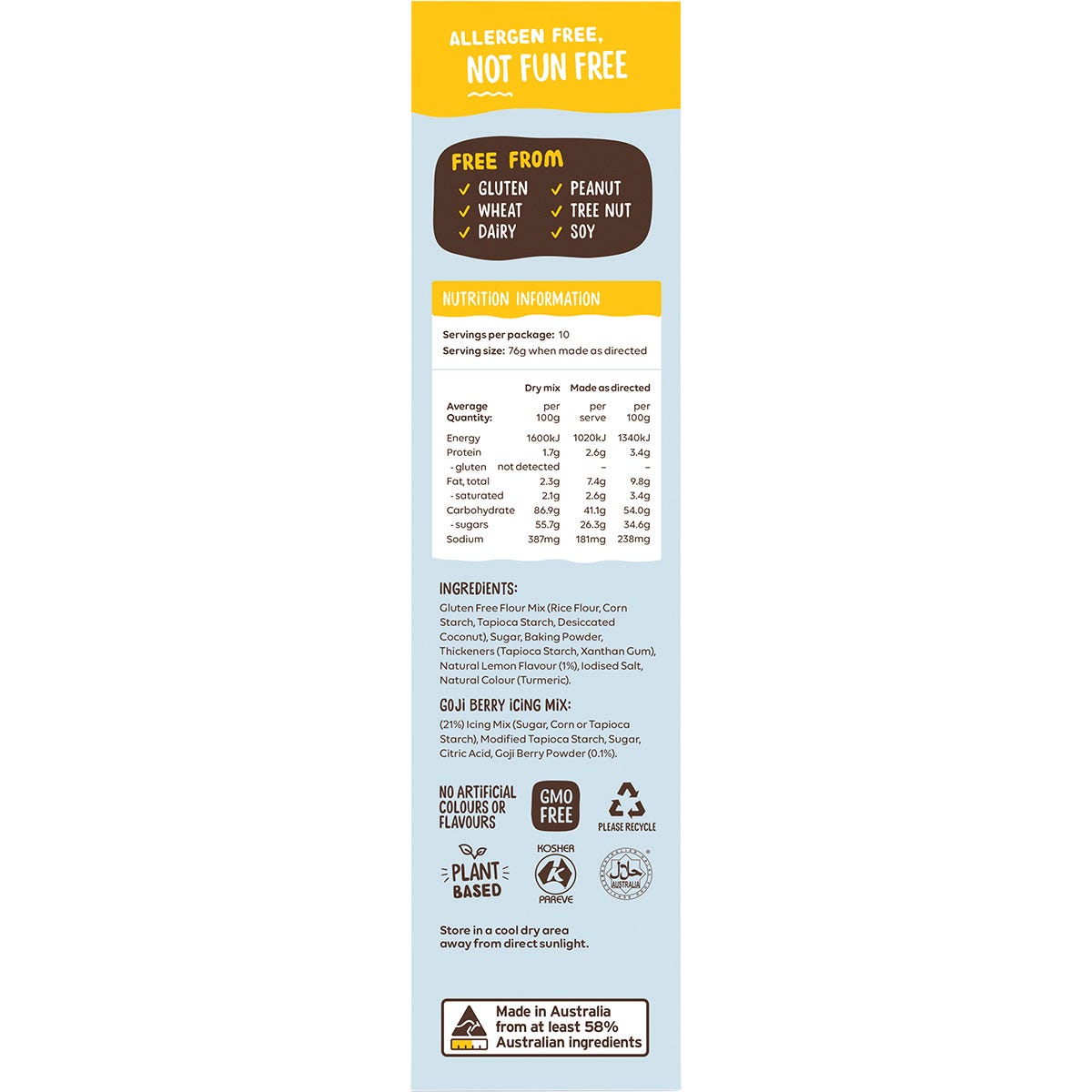 Right side of Well & Good Lemon Coconut Cake Mix box with a "What you bring" list and detailed baking instructions.