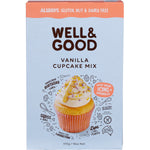 510g box of Well and Good Vanilla Cupcake Mix with icing and sprinkles, showing cupcakes on a white background.