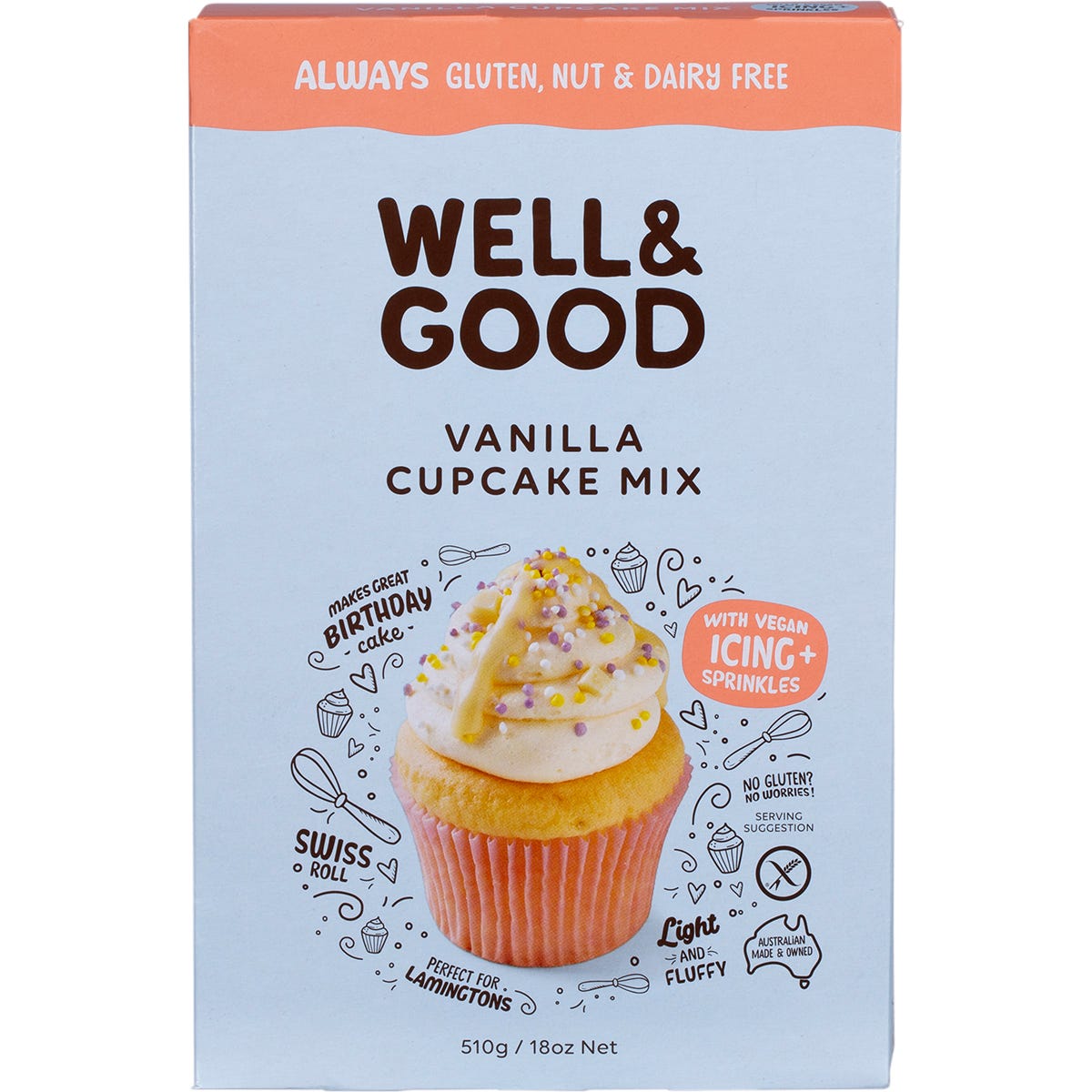 510g box of Well and Good Vanilla Cupcake Mix with icing and sprinkles, showing cupcakes on a white background.
