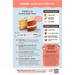 Back of Well and Good Vanilla Cupcake Mix box with ingredients, baking method, and vegan recipe options.