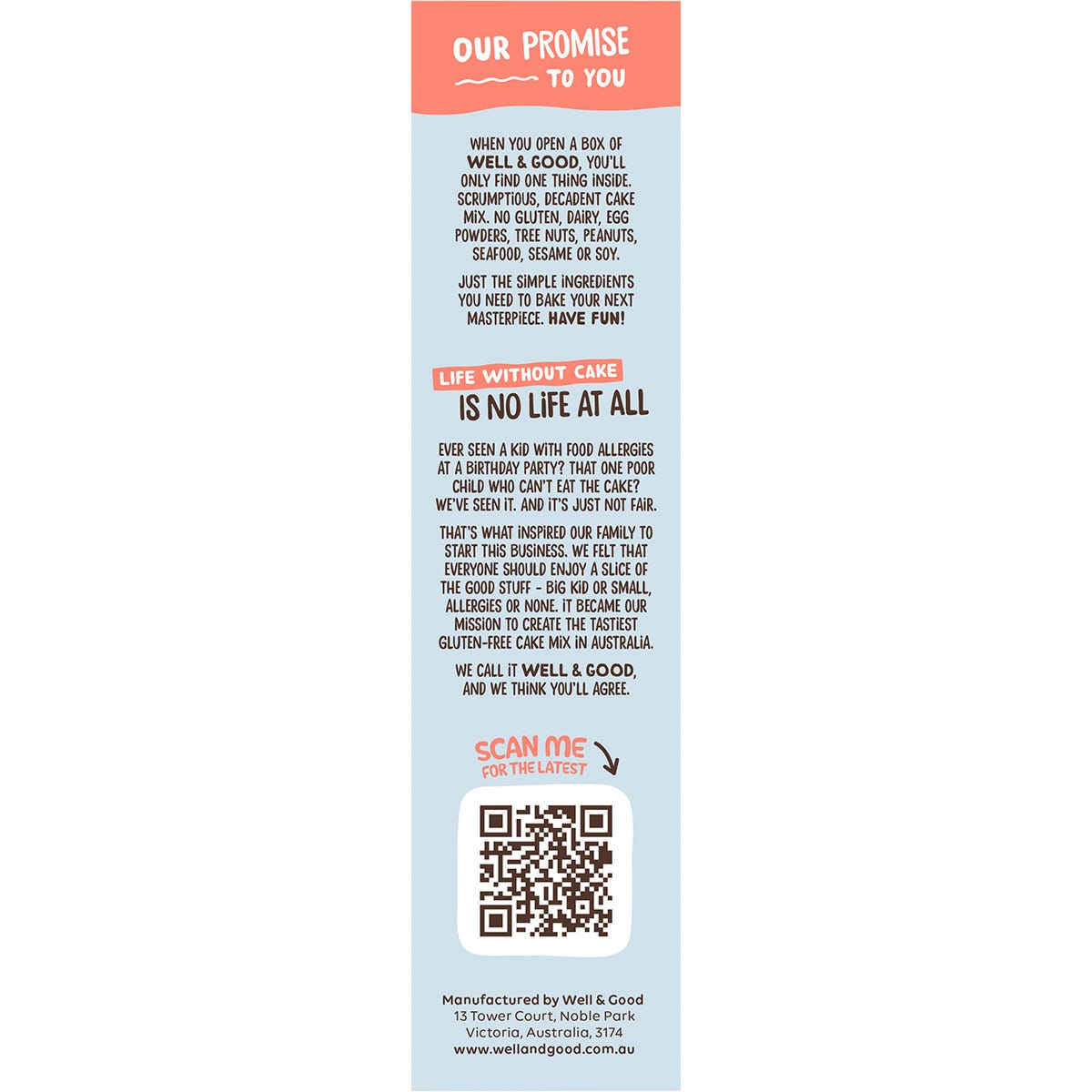 Side of a Well and Good Vanilla Cupcake Mix box showing product benefits and Coeliac Australia endorsement.