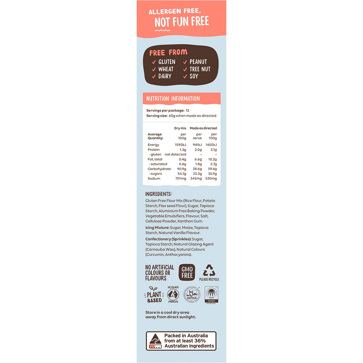 Right side of Well and Good Vanilla Cupcake Mix box showing nutrition facts, allergen info, and a 100% money back guarantee.