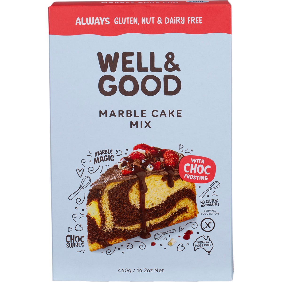460g box of Well and Good Marble Cake Mix with chocolate frosting and swirl, featuring a sliced cake on the cover.