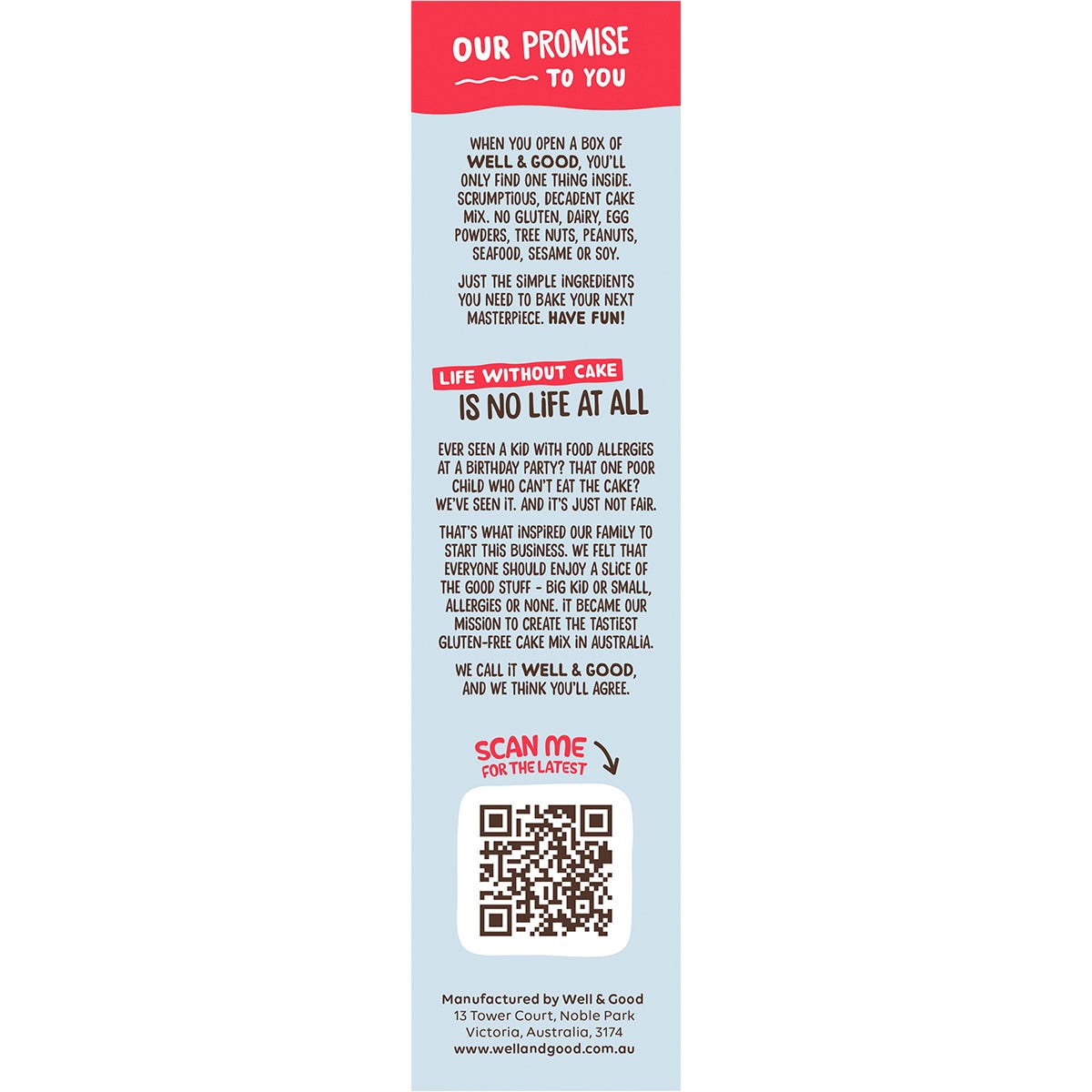 Side view of a Well and Good Marble Cake Mix box showing gluten-free and allergy-friendly certification logos.