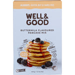 Well and Good Buttermilk Flavoured Pancake Mix 400g box featuring a stack of fluffy pancakes with berries.