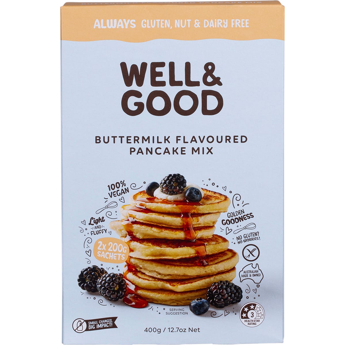 Well and Good Buttermilk Flavoured Pancake Mix 400g box featuring a stack of fluffy pancakes with berries.