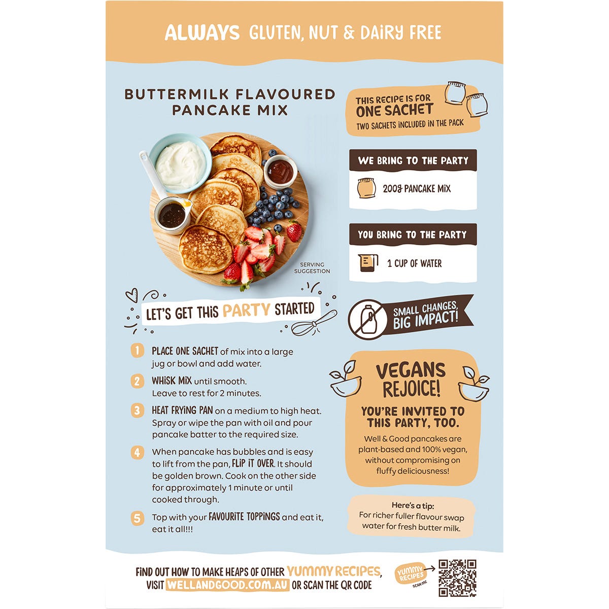 Back of Well & Good Buttermilk Pancake Mix 400g box with ingredients, allergens, and nutritional information.