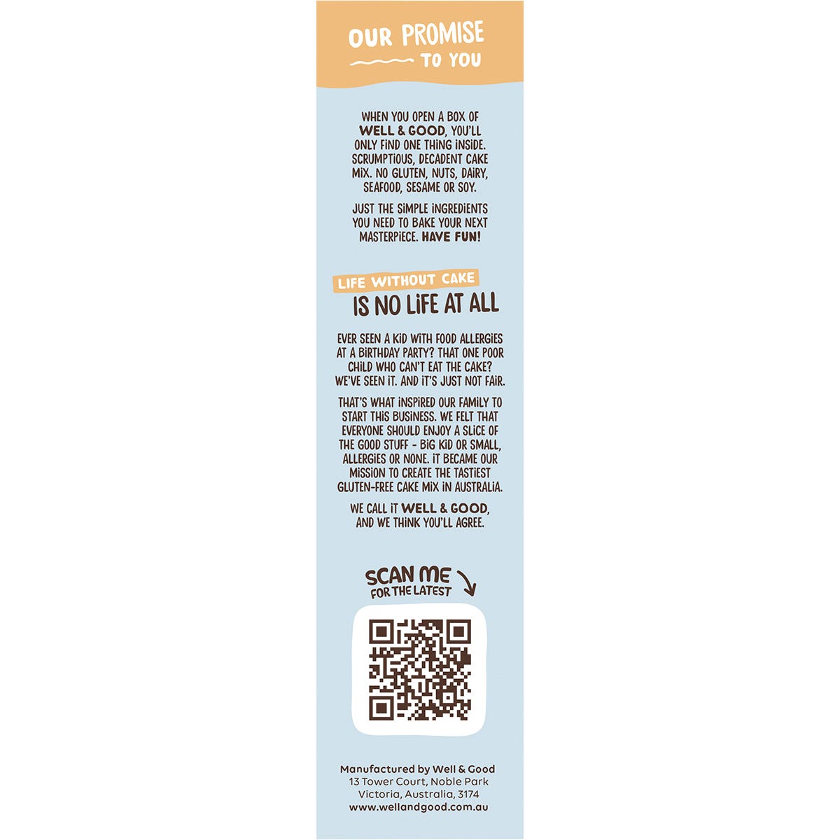 Side view of Well and Good Buttermilk Pancake Mix box showing gluten-free and vegan features on a blue background.