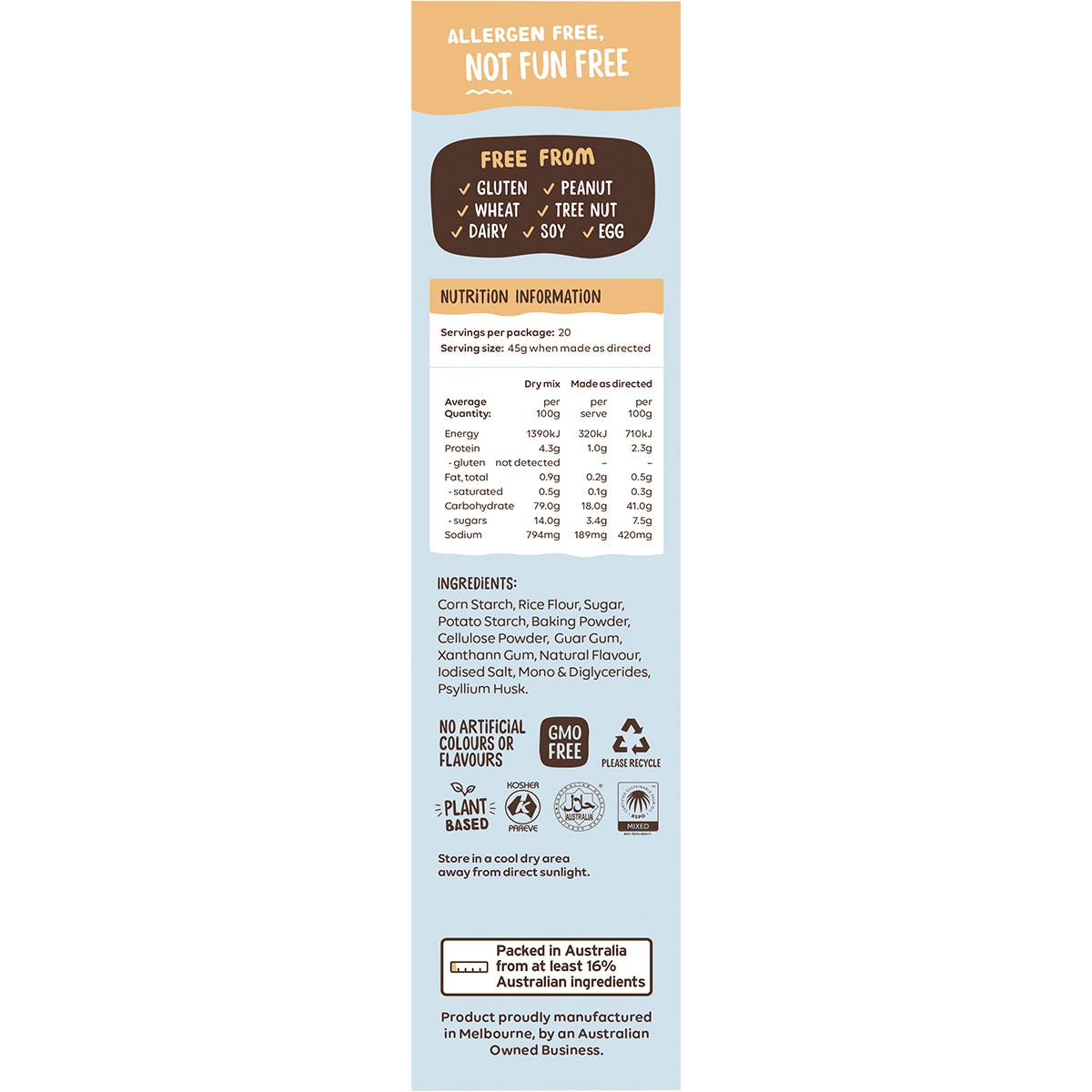 Right side of Well and Good Buttermilk Pancake Mix box showing product features, certifications, and brand story.