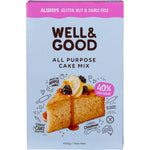 400g box of Well and Good All Purpose Cake Mix with 40% less sugar on a white background.