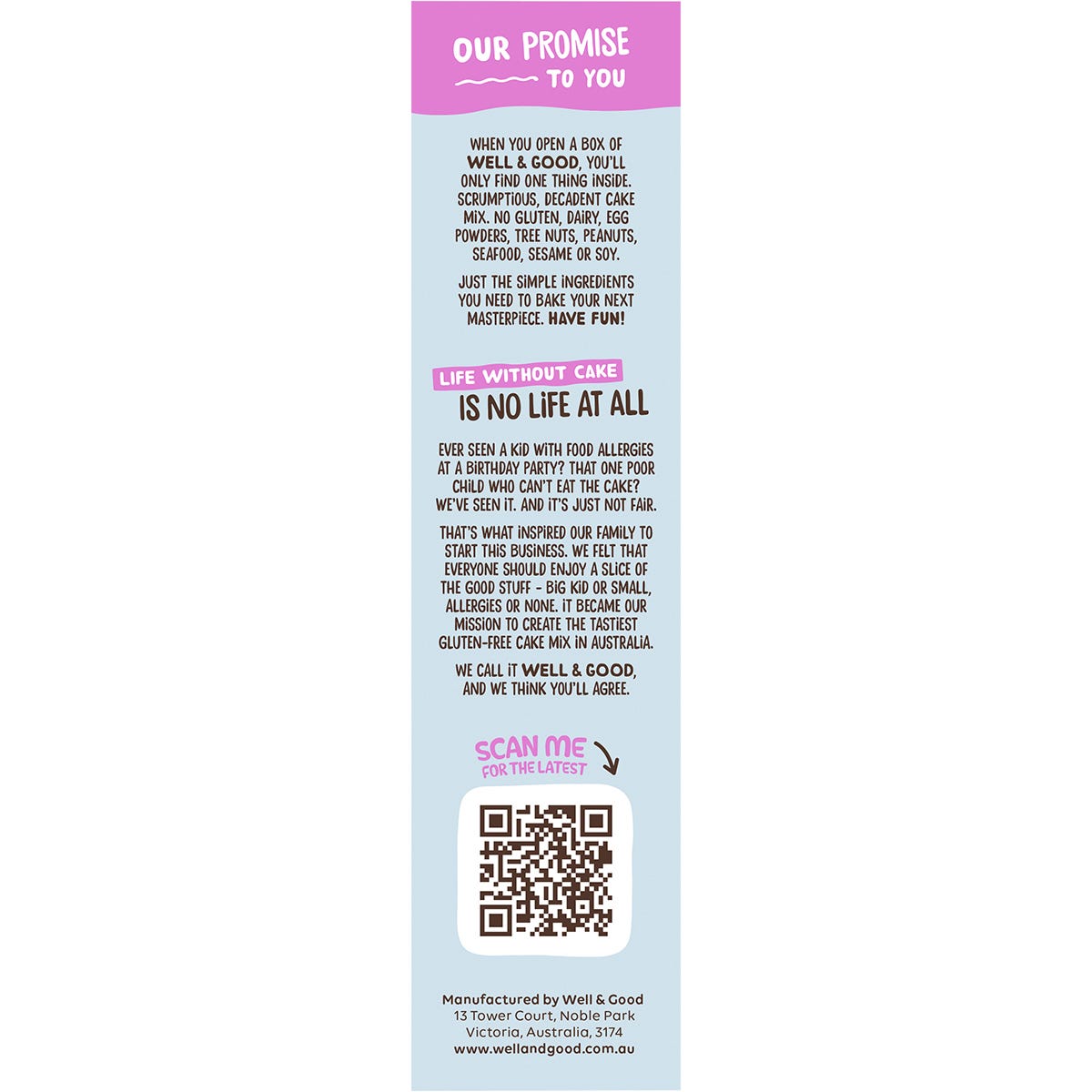 Left side of Well & Good All Purpose Cake Mix 400g box showing allergen-free claims and product certifications.