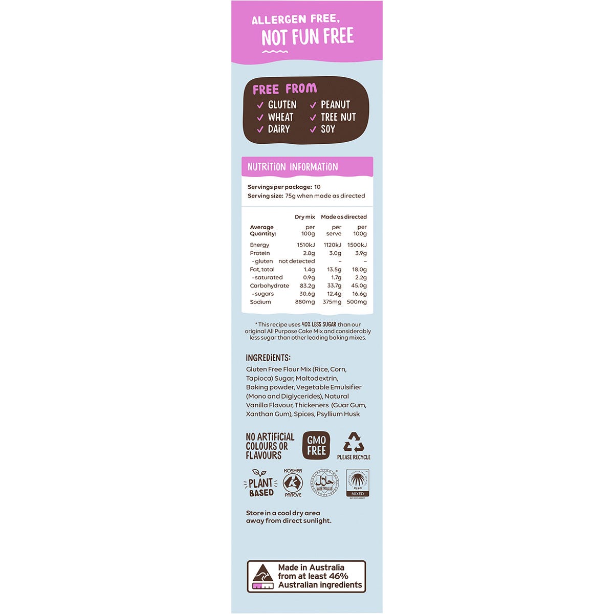 Right side of Well & Good All Purpose Cake Mix 400g box with a basic recipe and "What you'll need" list.