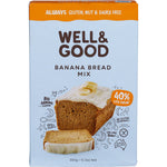 350g box of Well and Good Banana Bread Mix featuring 40% less sugar and gluten-free, plant-based ingredients.