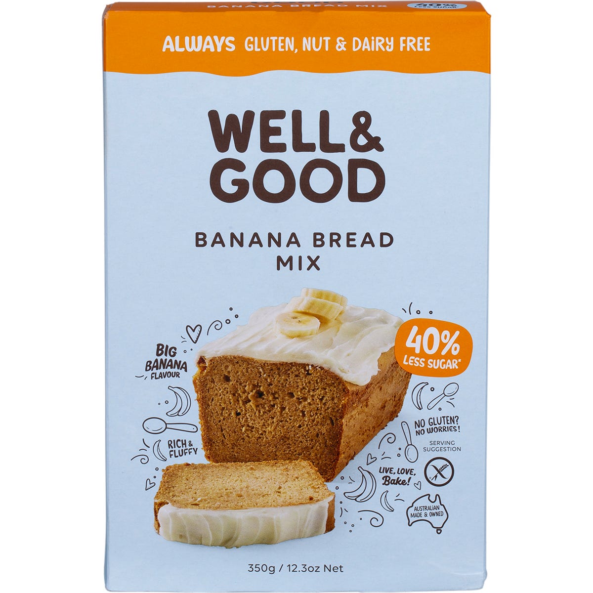 350g box of Well and Good Banana Bread Mix featuring 40% less sugar and gluten-free, plant-based ingredients.