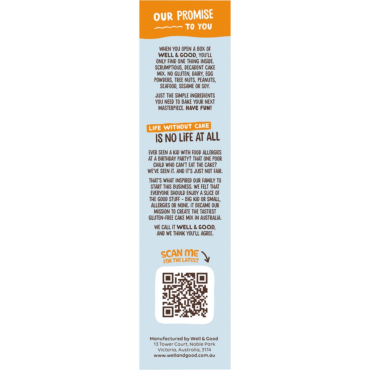 Side view of Well & Good Banana Bread Mix box showing vegan and Coeliac Australia logos and product benefits.