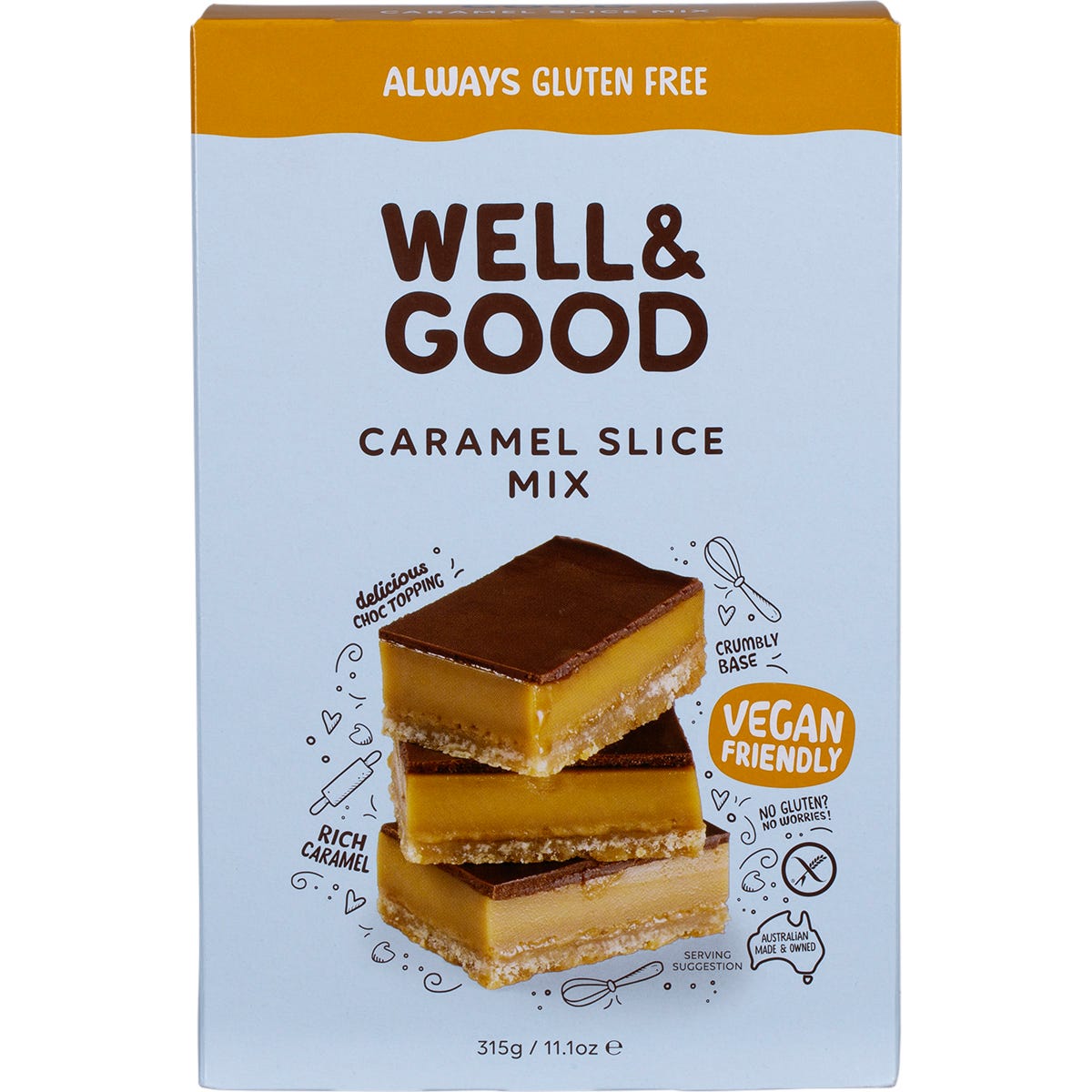 Well & Good Caramel Slice Mix 315g box featuring a gluten-free, vegan-friendly caramel slice with a chocolate topping.