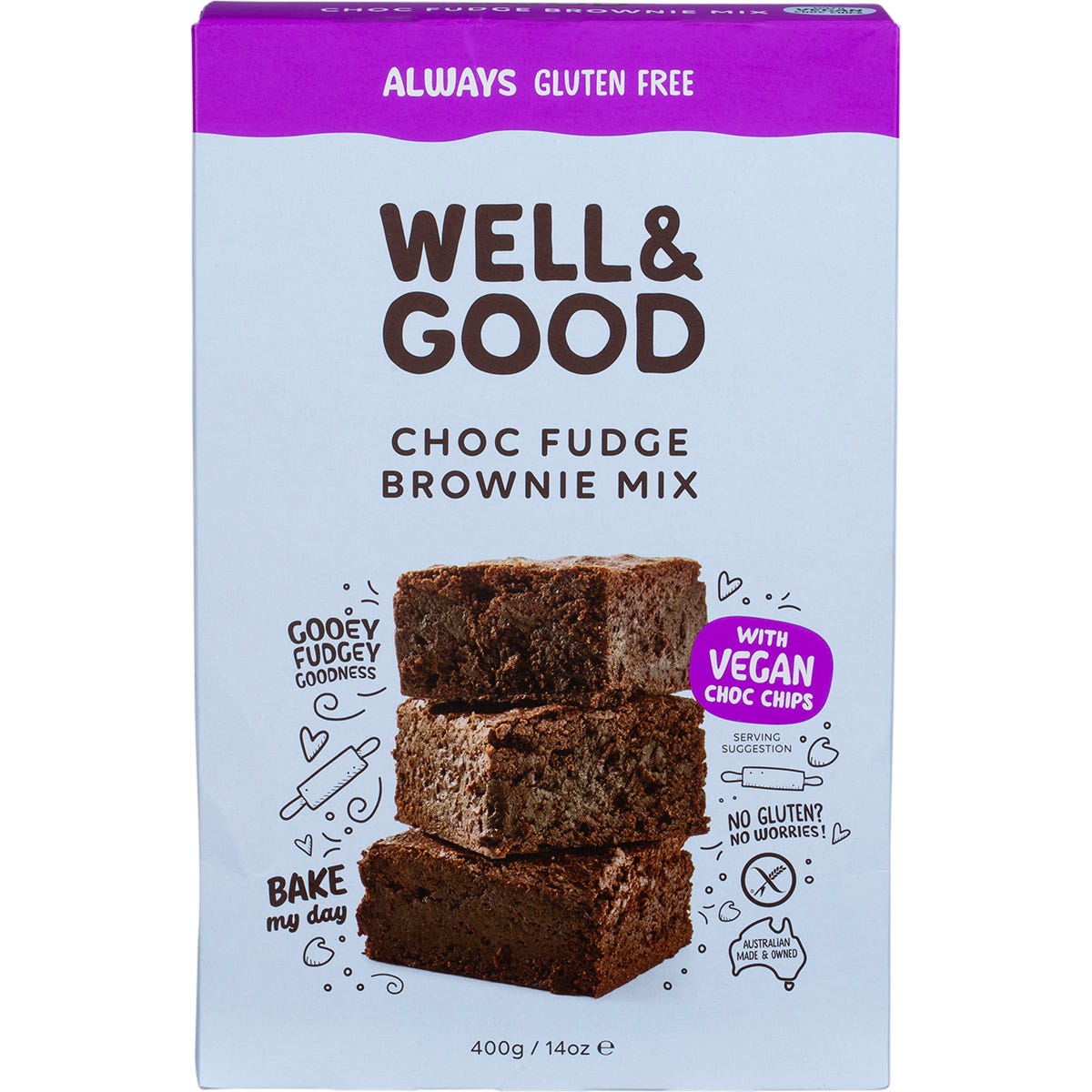 Well and Good Choc Fudge Brownie Mix 400g box with images of gooey brownies and vegan chocolate chips.
