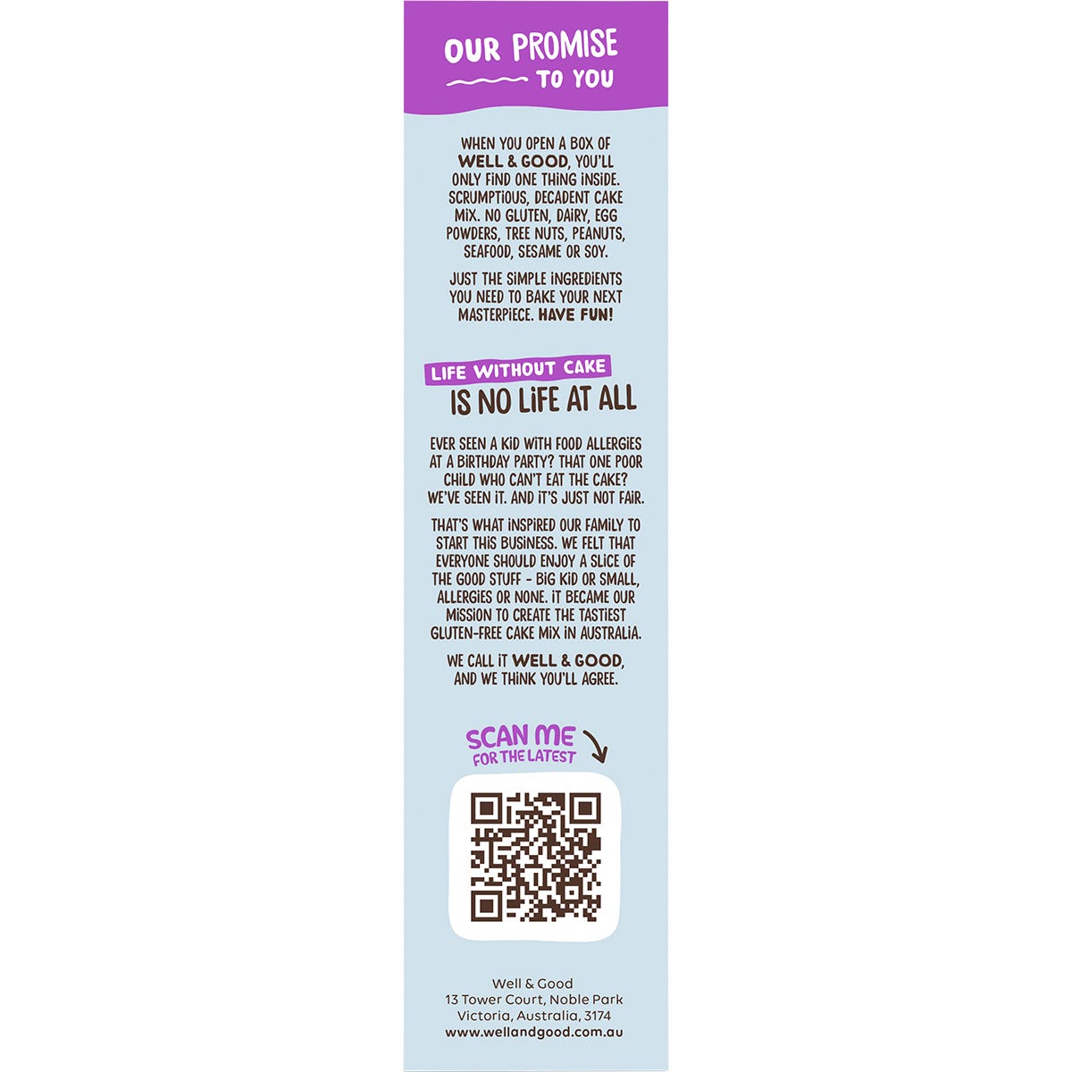 Side view of Well & Good Choc Fudge Brownie Mix 400g box highlighting product features and dietary information.