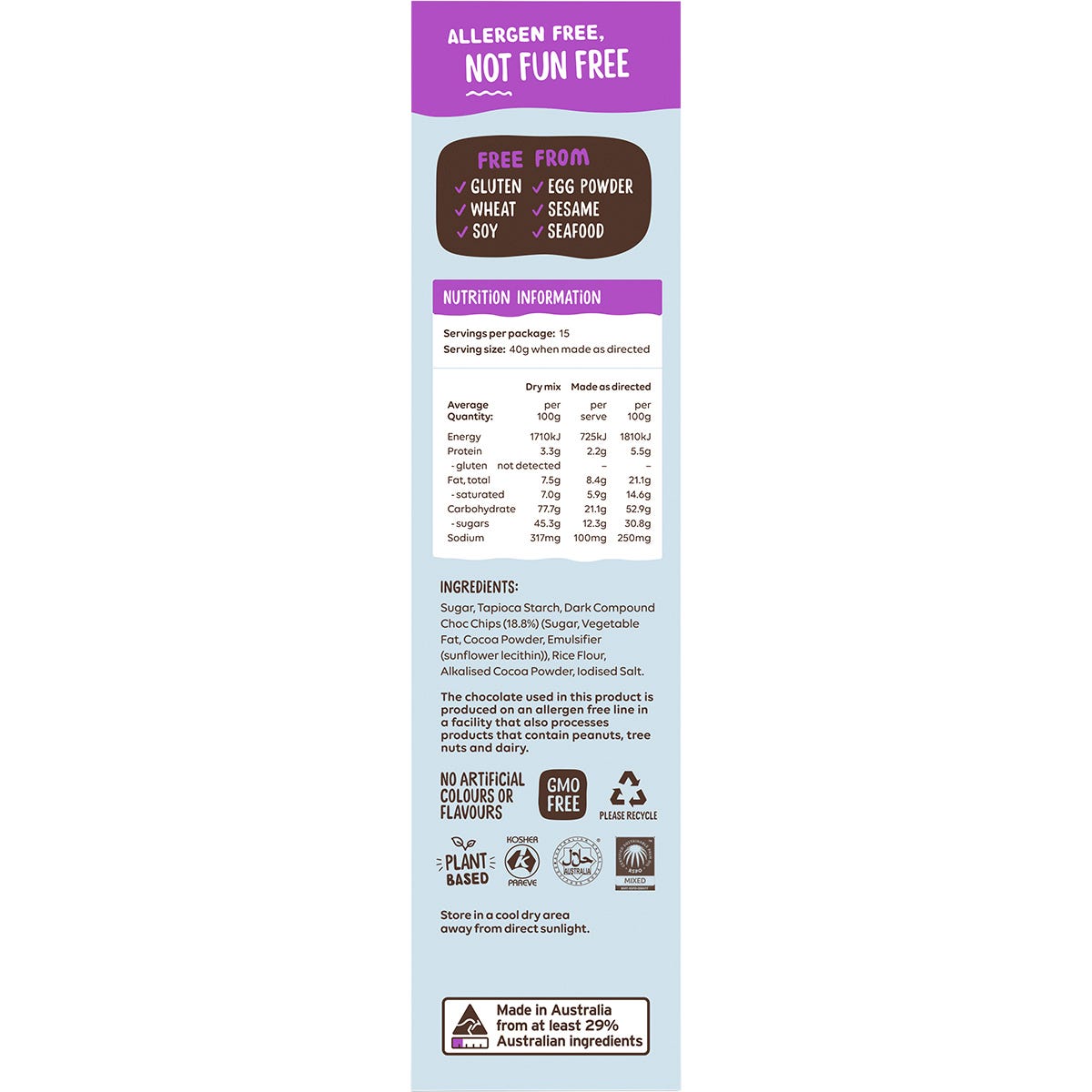 Right side of Well & Good Choc Fudge Brownie Mix box with product benefits, bliss ball recipe, and social media icons.