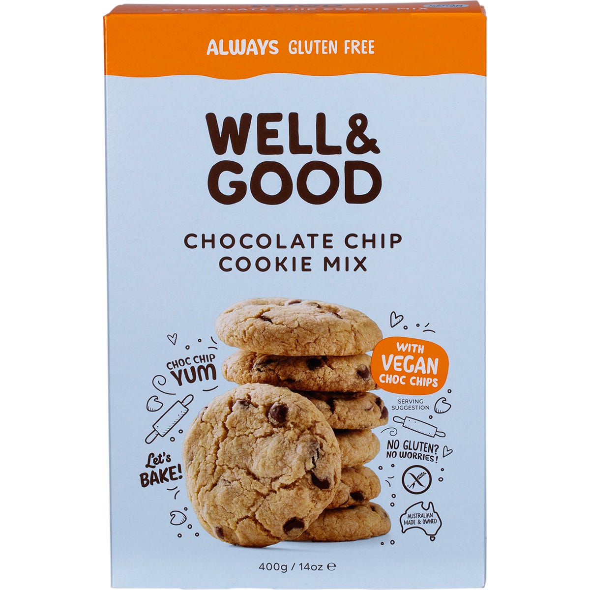 400g box of Well and Good Gluten Free Chocolate Chip Cookie Mix featuring a stack of cookies and chocolate chips.