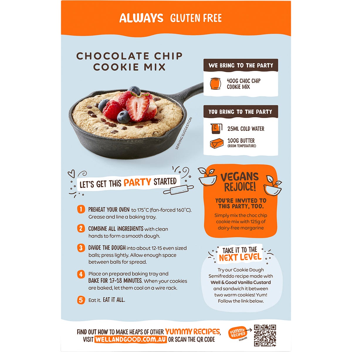 Back of Well and Good 400g Choc Chip Cookie Mix box with ingredients, nutrition facts, and baking instructions.