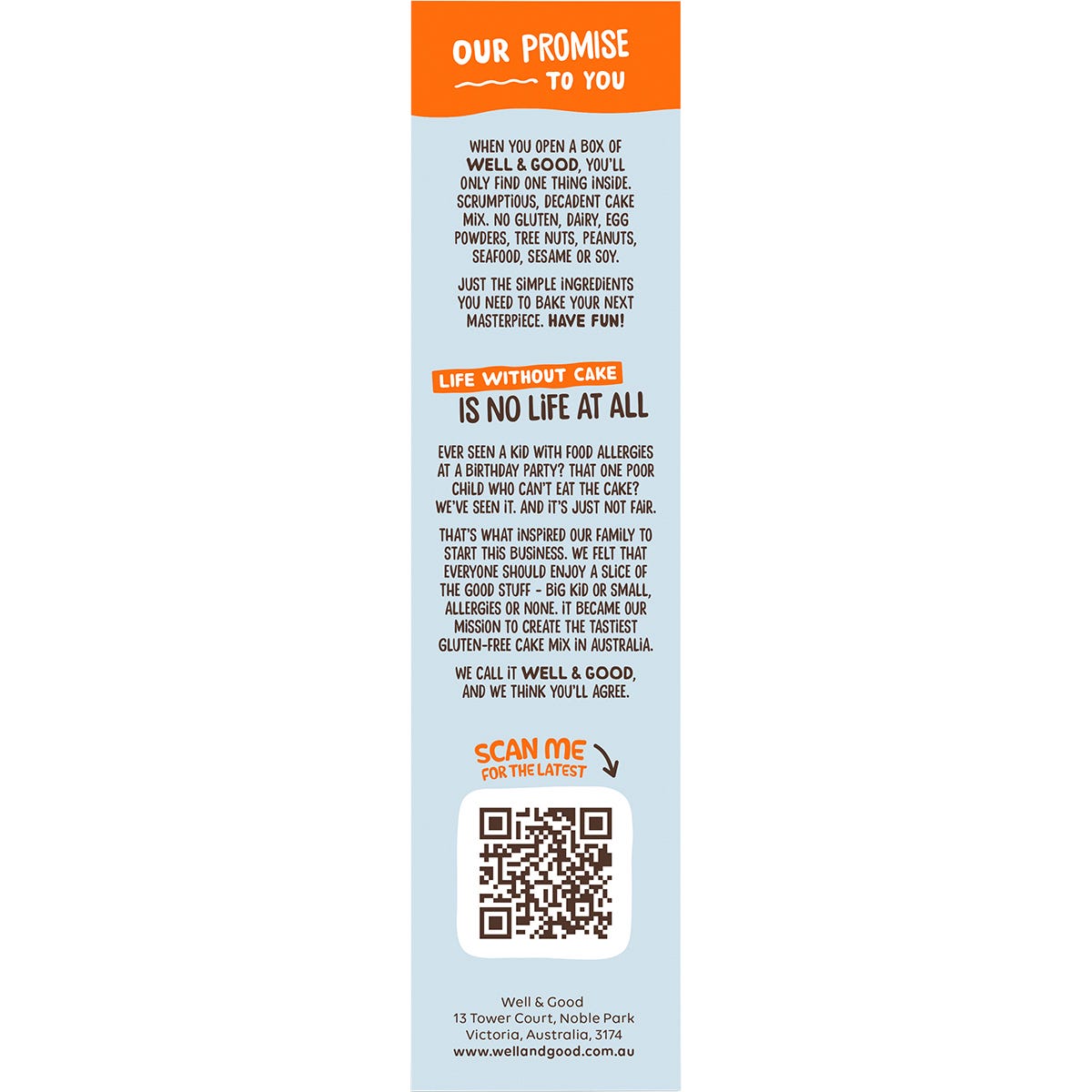 Side view of Well and Good Chocolate Chip Cookie Mix 400g box highlighting vegan, nut-free, and gluten-free features.