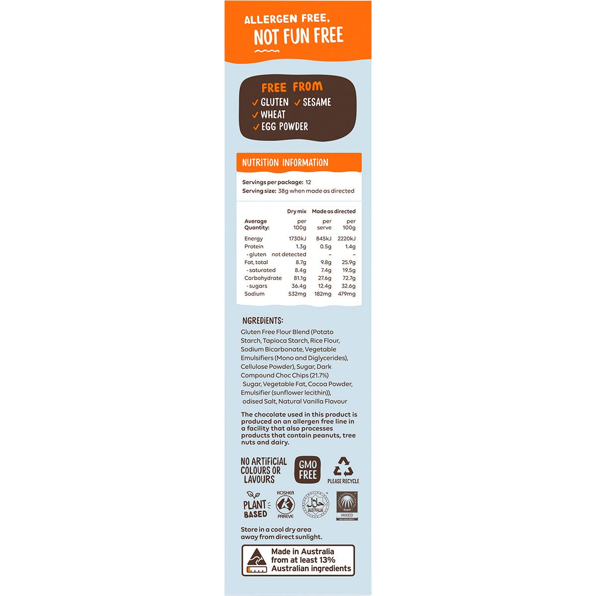 Right side of a Well and Good Choc Chip Cookie Mix box showing a giant pan cookie and simple three-step baking instructions.