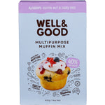 Well and Good Multipurpose Muffin Mix 400g box with 40% less sugar and gluten-free, nut-free, and soy-free labels.
