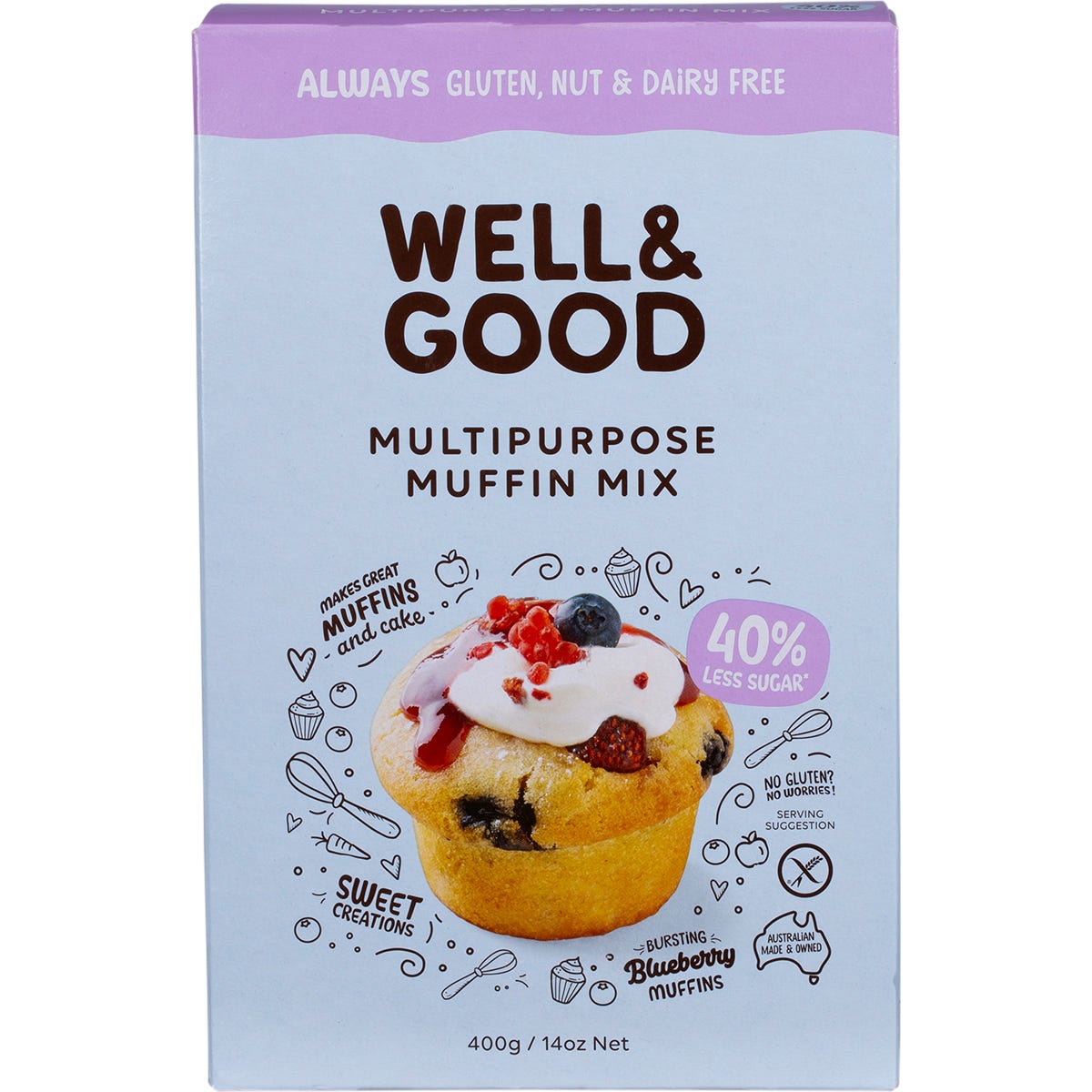 Well and Good Multipurpose Muffin Mix 400g box with 40% less sugar and gluten-free, nut-free, and soy-free labels.
