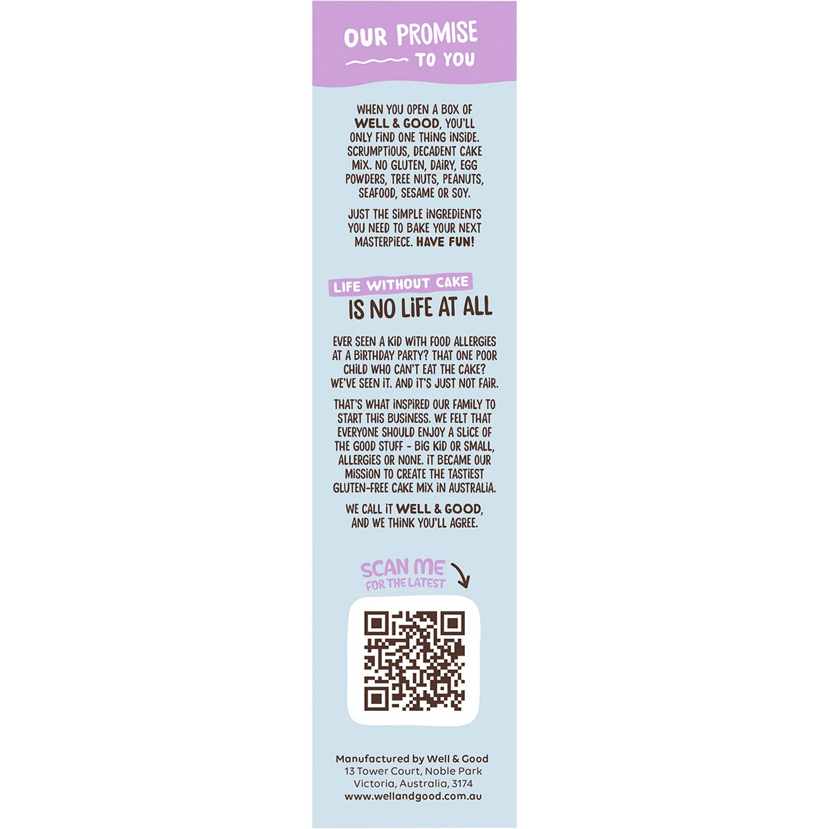 Side view of a Well and Good Muffin Mix box highlighting its gluten-free, nut-free, and soy-free features.