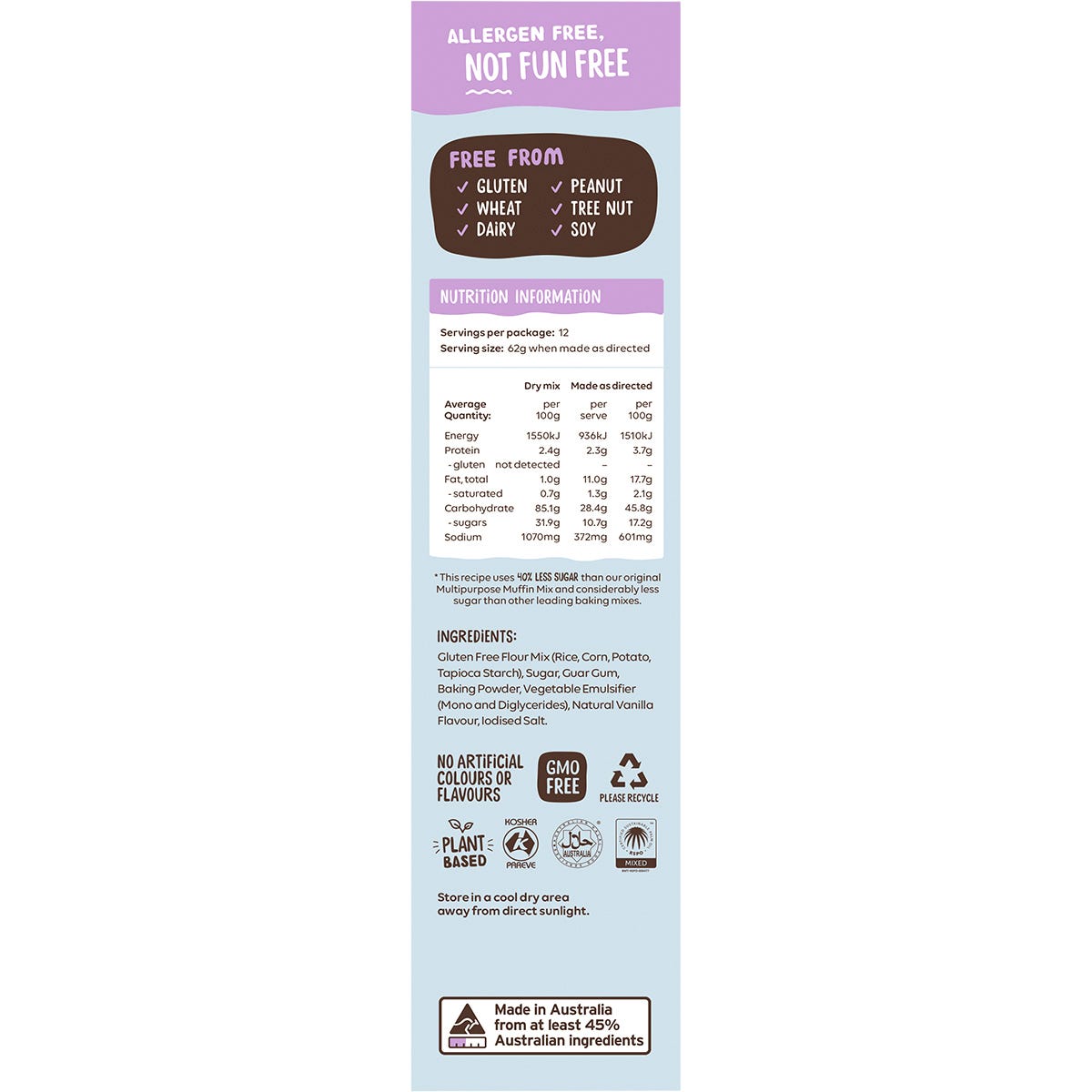 Right side of Well and Good Muffin Mix box showing dietary icons, Coeliac Australia logo, and manufacturer details.