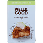 400g box of Well & Good Crumble Cake Mix, gluten-free and vegan-friendly, featuring a slice of baked apple crumble cake.