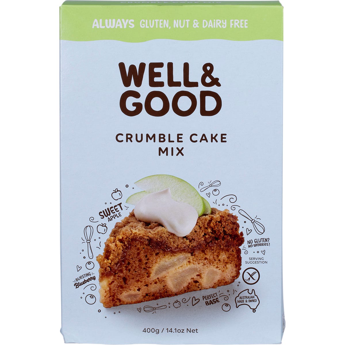 400g box of Well & Good Crumble Cake Mix, gluten-free and vegan-friendly, featuring a slice of baked apple crumble cake.
