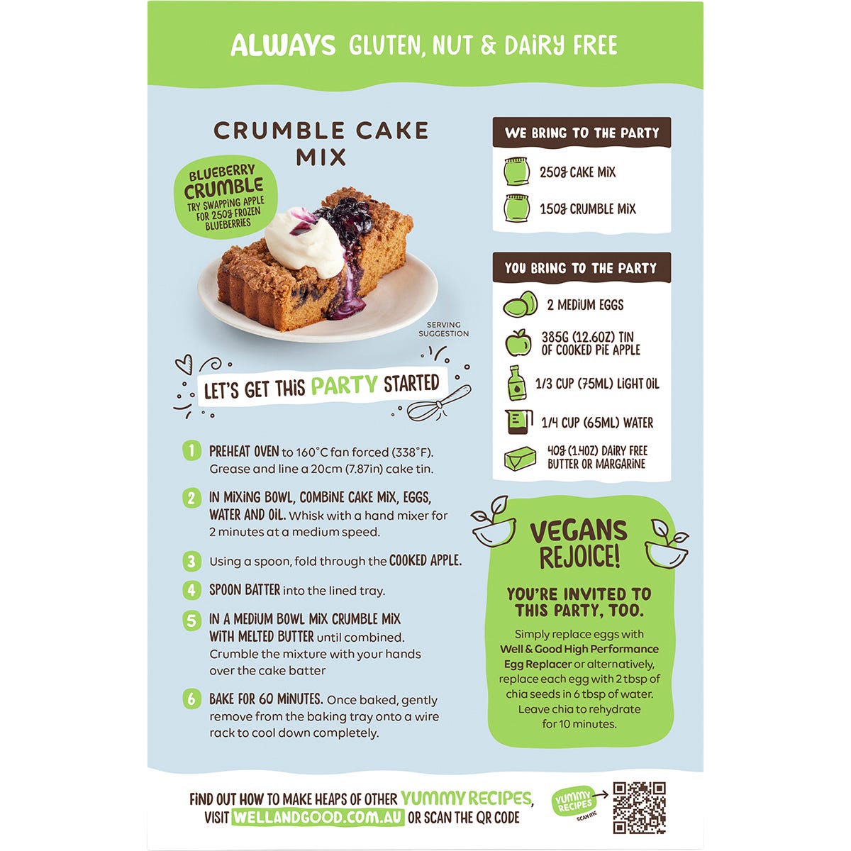 Back of Well & Good Crumble Cake Mix box with ingredients, nutrition facts, and preparation instructions.