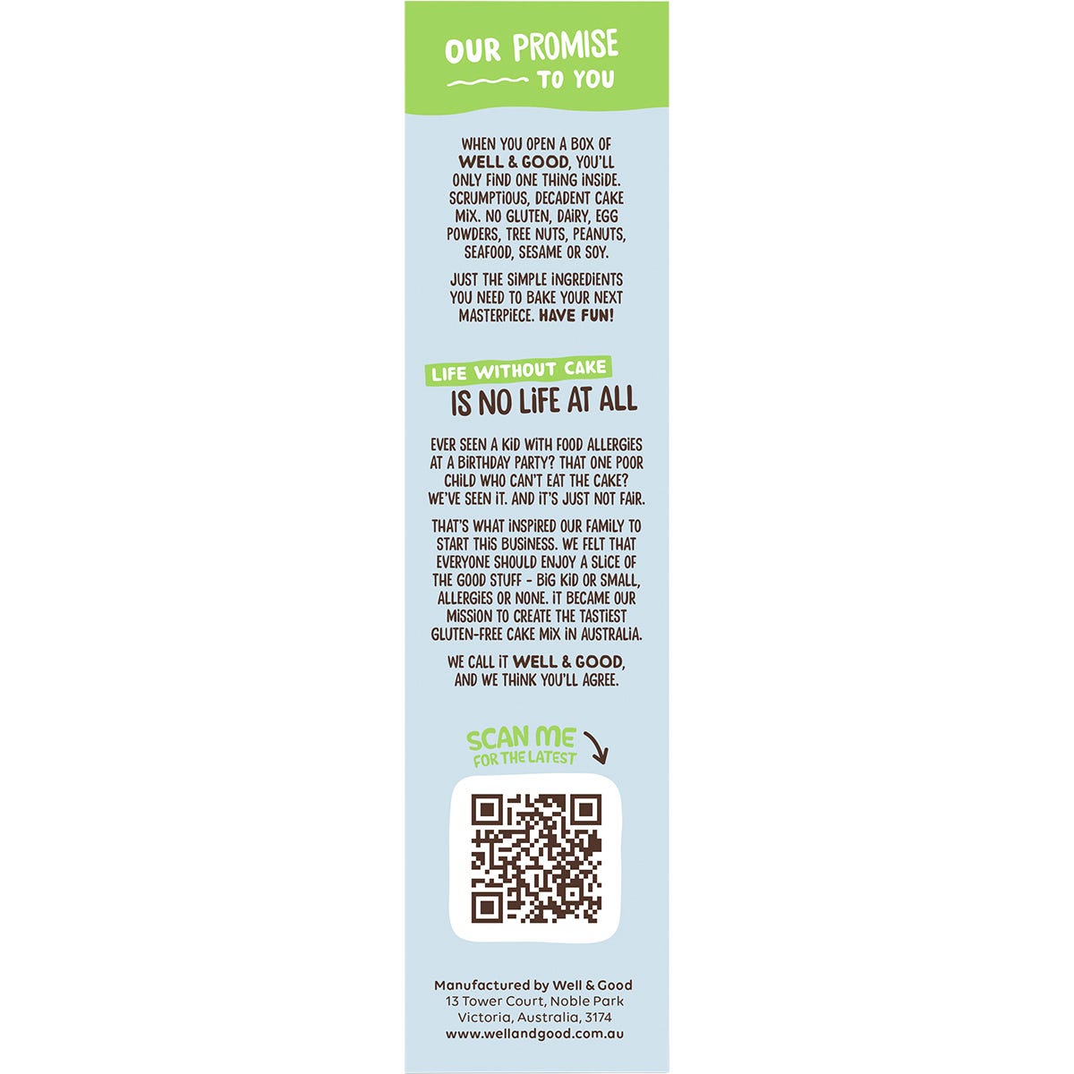 Side view of a Well & Good Crumble Cake Mix box showing product features and a "Vegan Friendly" logo.